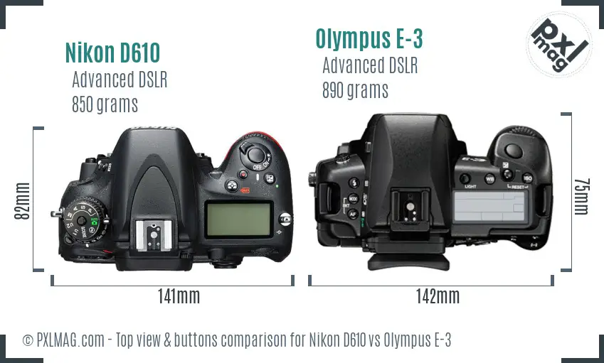 Nikon D610 vs Olympus E-3 top view buttons comparison