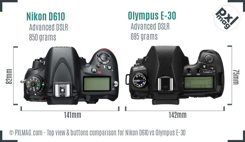 Nikon D610 vs Olympus E-30 top view buttons comparison