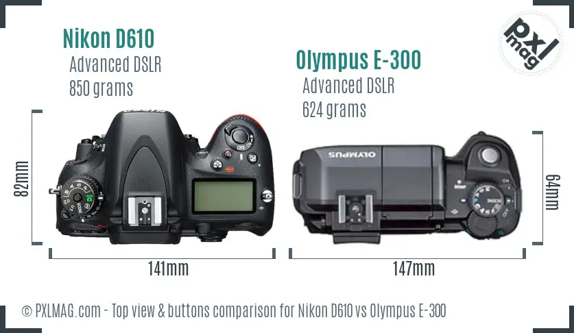 Nikon D610 vs Olympus E-300 top view buttons comparison