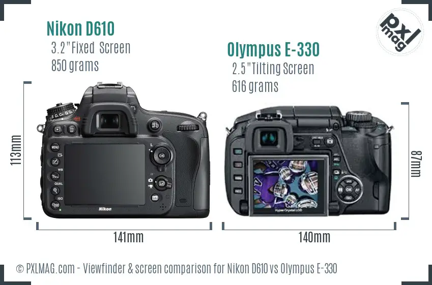 Nikon D610 vs Olympus E-330 Screen and Viewfinder comparison