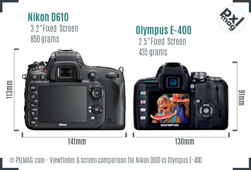 Nikon D610 vs Olympus E-400 Screen and Viewfinder comparison