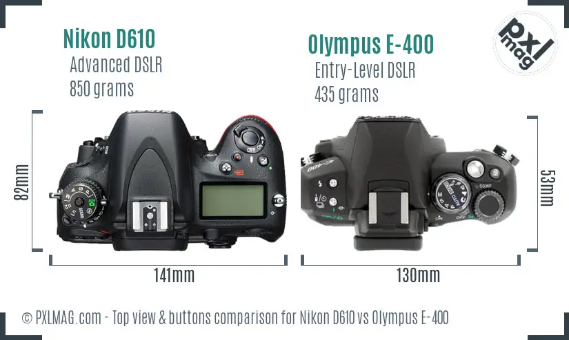 Nikon D610 vs Olympus E-400 top view buttons comparison