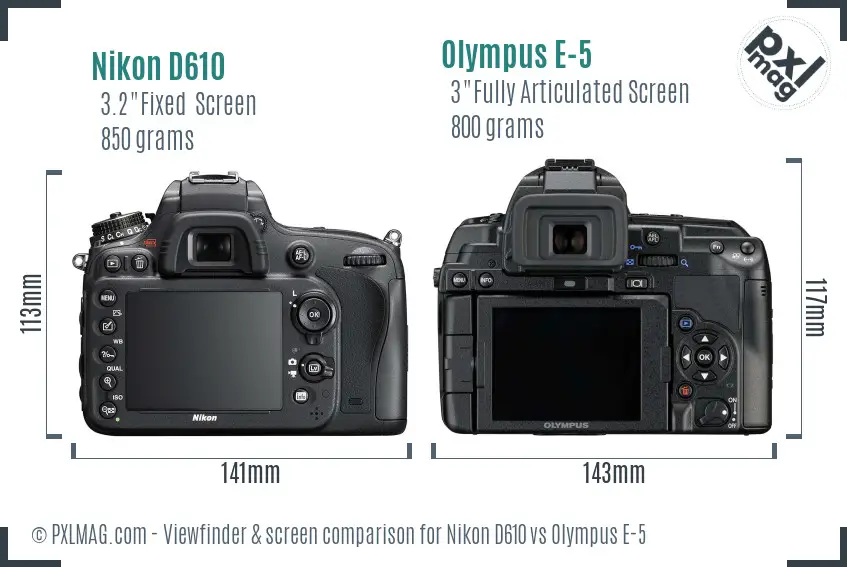 Nikon D610 vs Olympus E-5 Screen and Viewfinder comparison