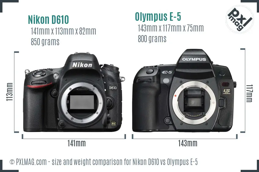 Nikon D610 vs Olympus E-5 size comparison