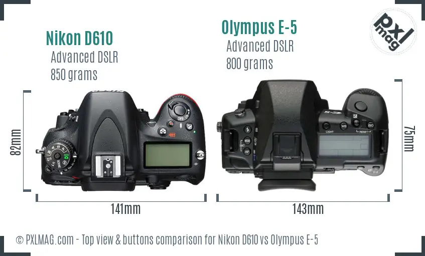 Nikon D610 vs Olympus E-5 top view buttons comparison