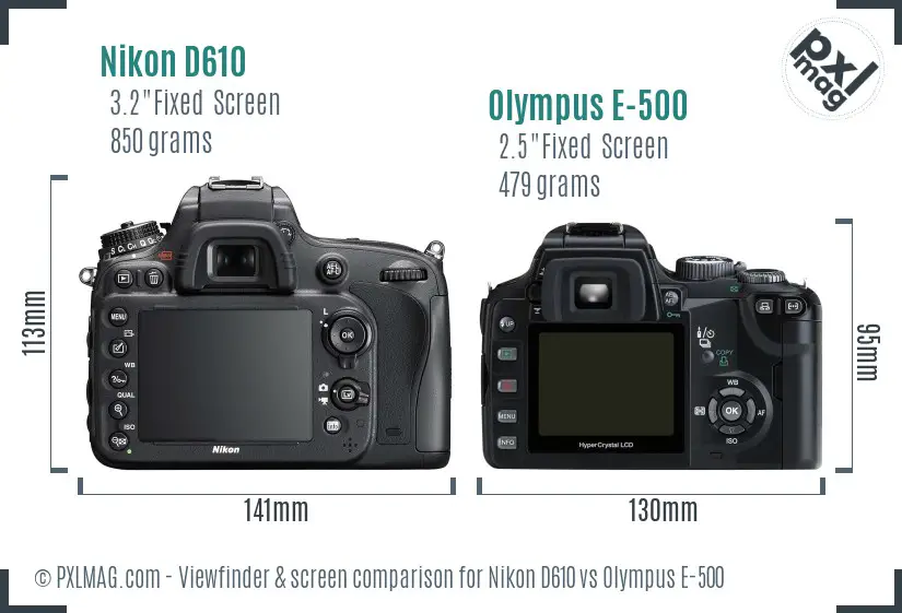 Nikon D610 vs Olympus E-500 Screen and Viewfinder comparison