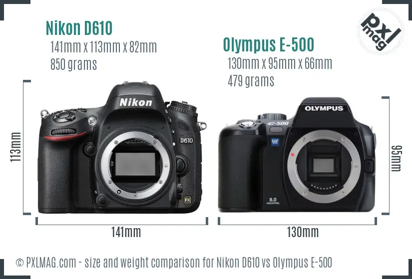Nikon D610 vs Olympus E-500 size comparison