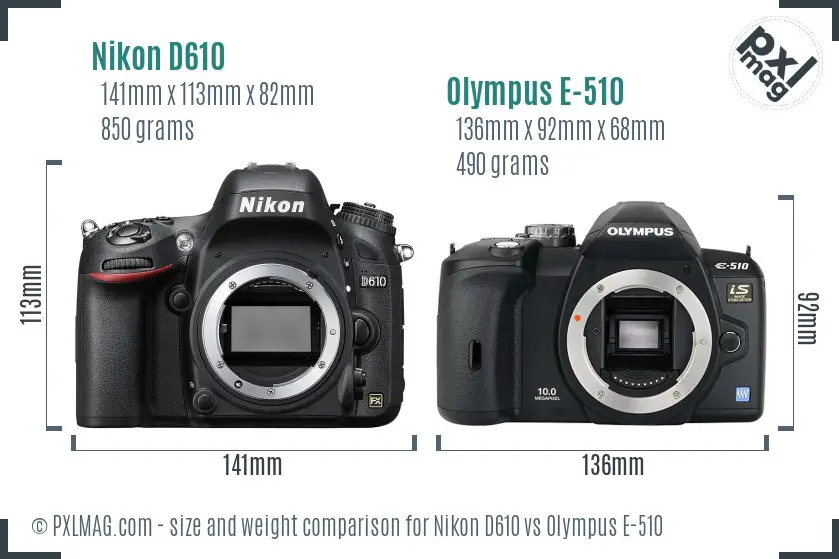 Nikon D610 vs Olympus E-510 size comparison