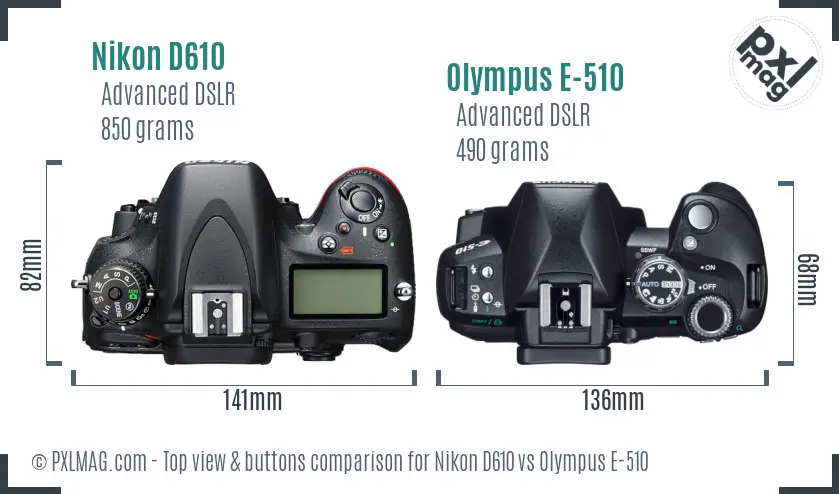 Nikon D610 vs Olympus E-510 top view buttons comparison