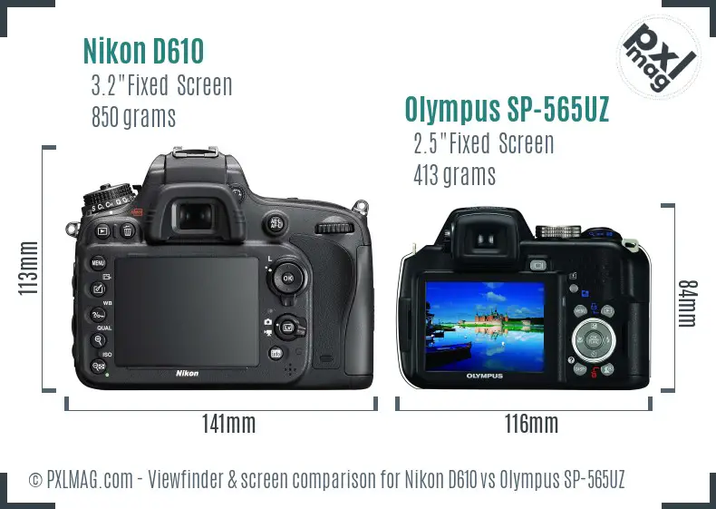 Nikon D610 vs Olympus SP-565UZ Screen and Viewfinder comparison