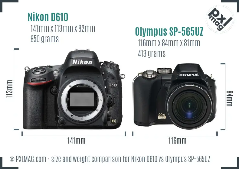 Nikon D610 vs Olympus SP-565UZ size comparison