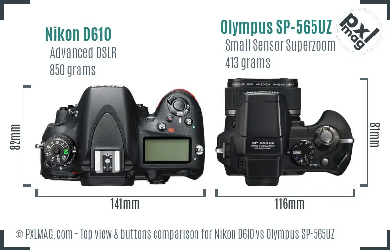 Nikon D610 vs Olympus SP-565UZ top view buttons comparison