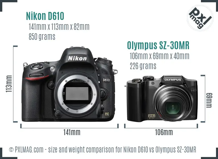 Nikon D610 vs Olympus SZ-30MR size comparison