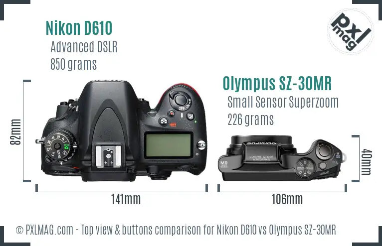 Nikon D610 vs Olympus SZ-30MR top view buttons comparison