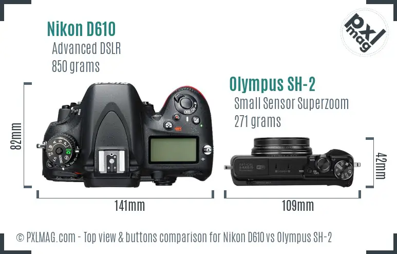 Nikon D610 vs Olympus SH-2 top view buttons comparison
