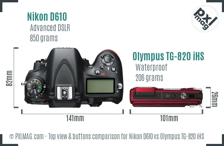 Nikon D610 vs Olympus TG-820 iHS top view buttons comparison