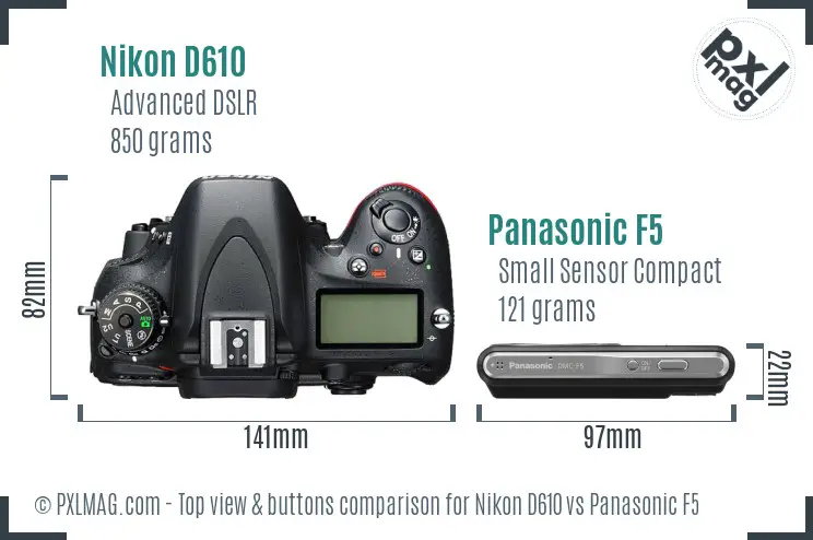 Nikon D610 vs Panasonic F5 top view buttons comparison