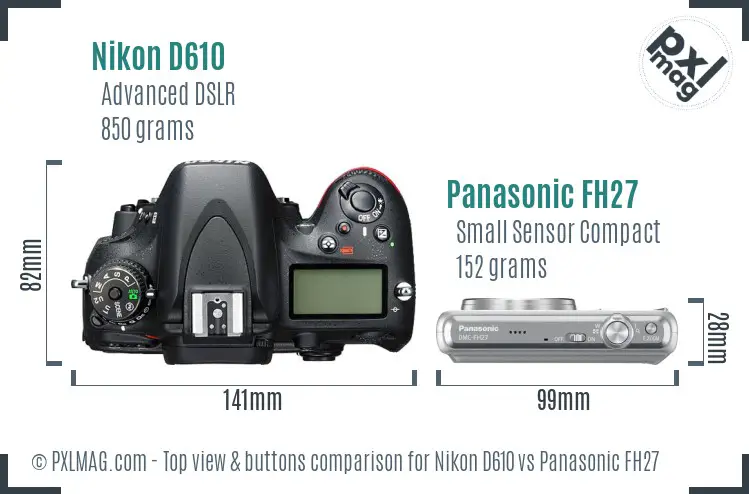 Nikon D610 vs Panasonic FH27 top view buttons comparison