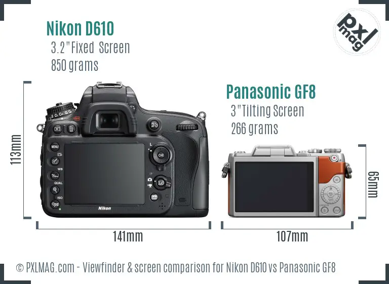 Nikon D610 vs Panasonic GF8 Screen and Viewfinder comparison