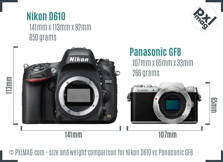 Nikon D610 vs Panasonic GF8 size comparison