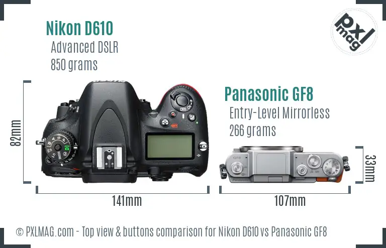 Nikon D610 vs Panasonic GF8 top view buttons comparison