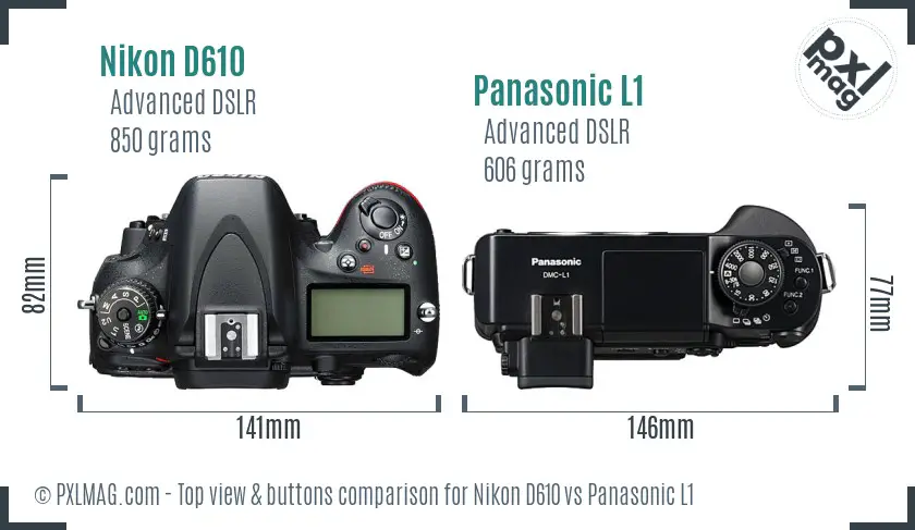 Nikon D610 vs Panasonic L1 top view buttons comparison