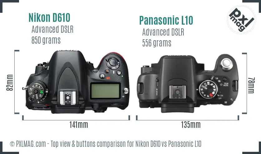Nikon D610 vs Panasonic L10 top view buttons comparison