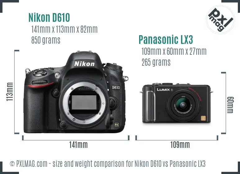 Nikon D610 vs Panasonic LX3 size comparison
