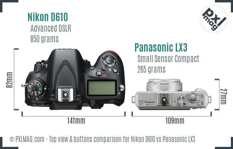 Nikon D610 vs Panasonic LX3 top view buttons comparison