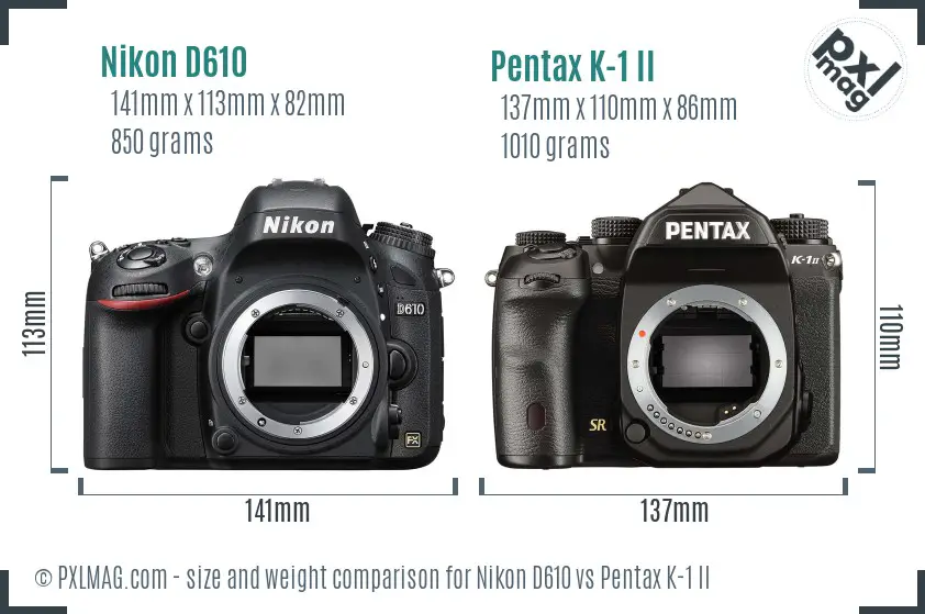 Nikon D610 vs Pentax K-1 II size comparison