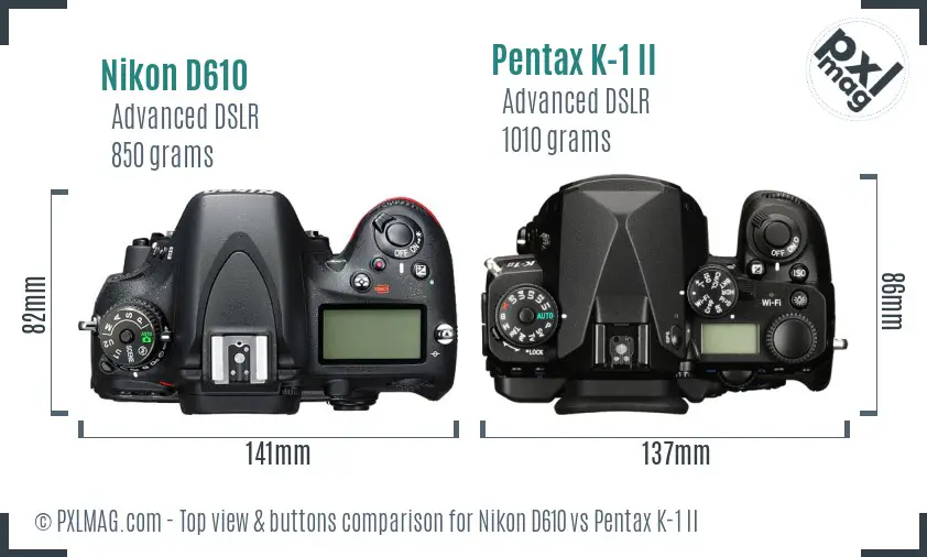 Nikon D610 vs Pentax K-1 II top view buttons comparison