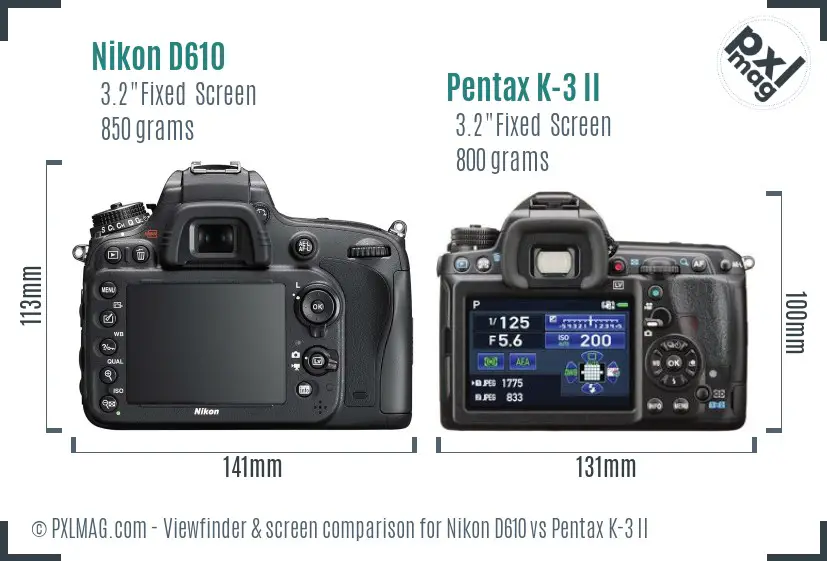 Nikon D610 vs Pentax K-3 II Screen and Viewfinder comparison