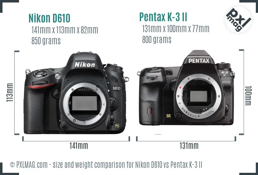 Nikon D610 vs Pentax K-3 II size comparison