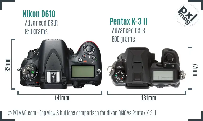 Nikon D610 vs Pentax K-3 II top view buttons comparison