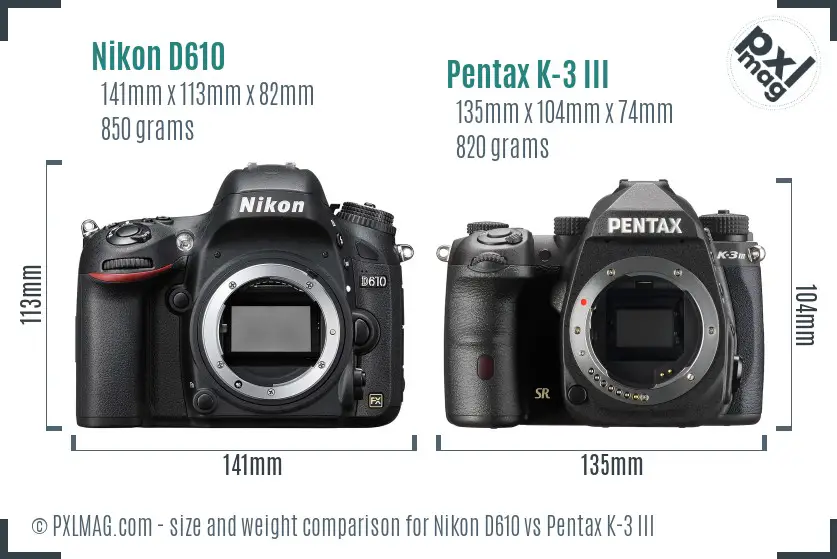 Nikon D610 vs Pentax K-3 III size comparison