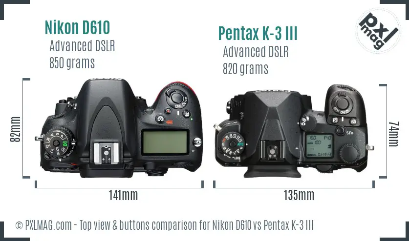 Nikon D610 vs Pentax K-3 III top view buttons comparison