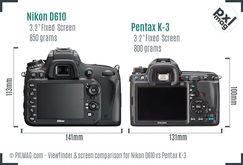 Nikon D610 vs Pentax K-3 Screen and Viewfinder comparison