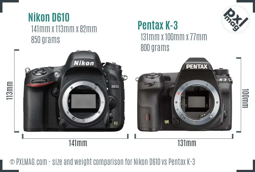 Nikon D610 vs Pentax K-3 size comparison