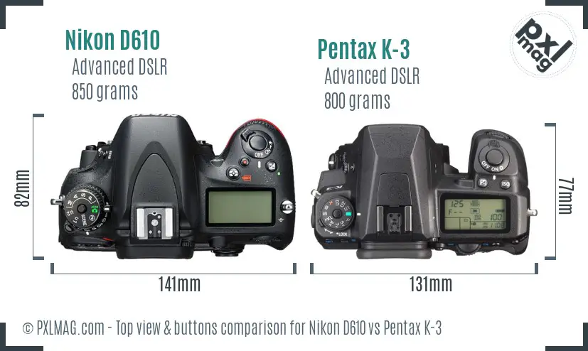 Nikon D610 vs Pentax K-3 top view buttons comparison