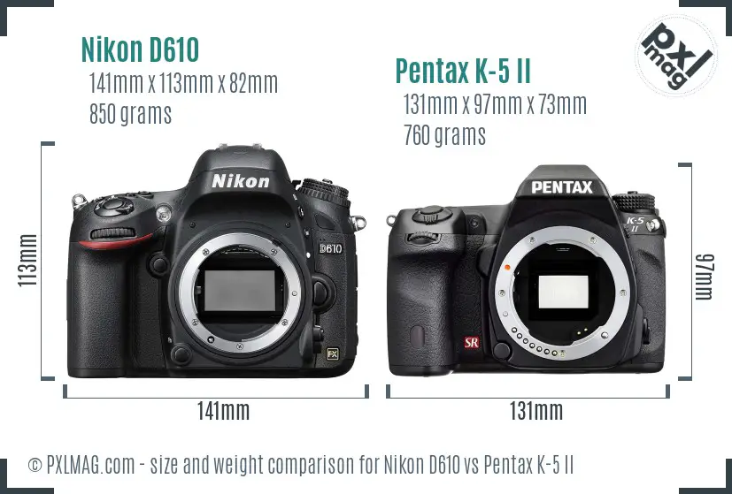 Nikon D610 vs Pentax K-5 II size comparison