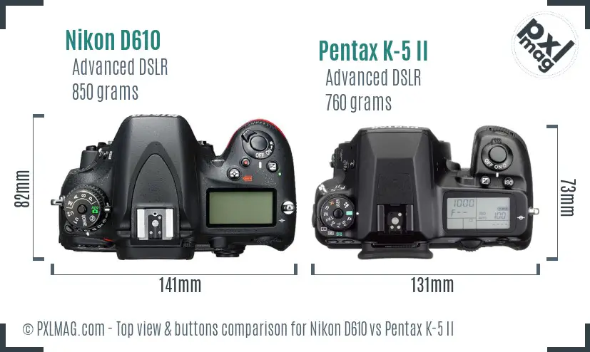 Nikon D610 vs Pentax K-5 II top view buttons comparison