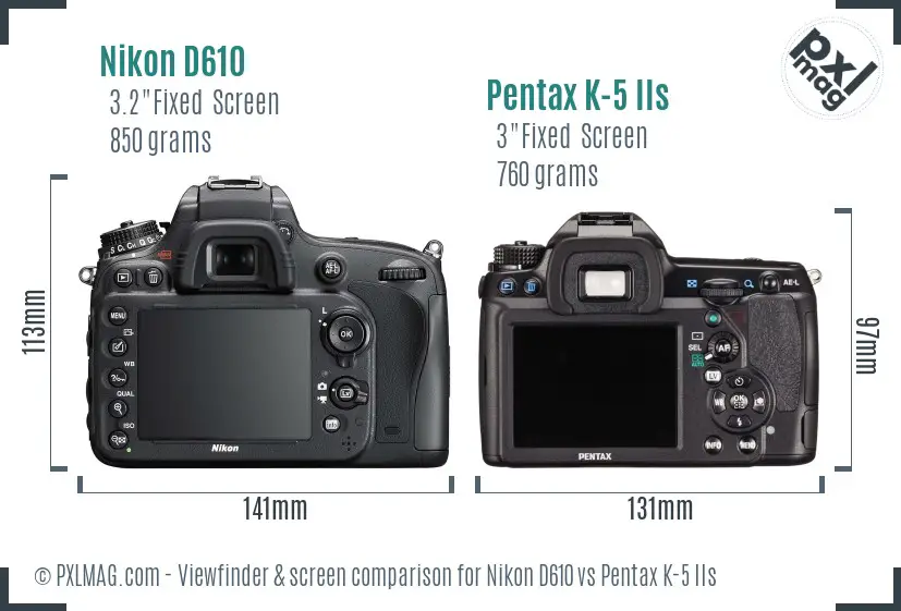 Nikon D610 vs Pentax K-5 IIs Screen and Viewfinder comparison