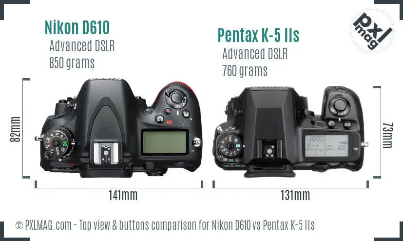 Nikon D610 vs Pentax K-5 IIs top view buttons comparison
