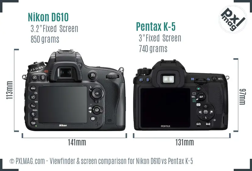 Nikon D610 vs Pentax K-5 Screen and Viewfinder comparison Nikon D610 vs Pentax K-5 Screen and Viewfinder comparison