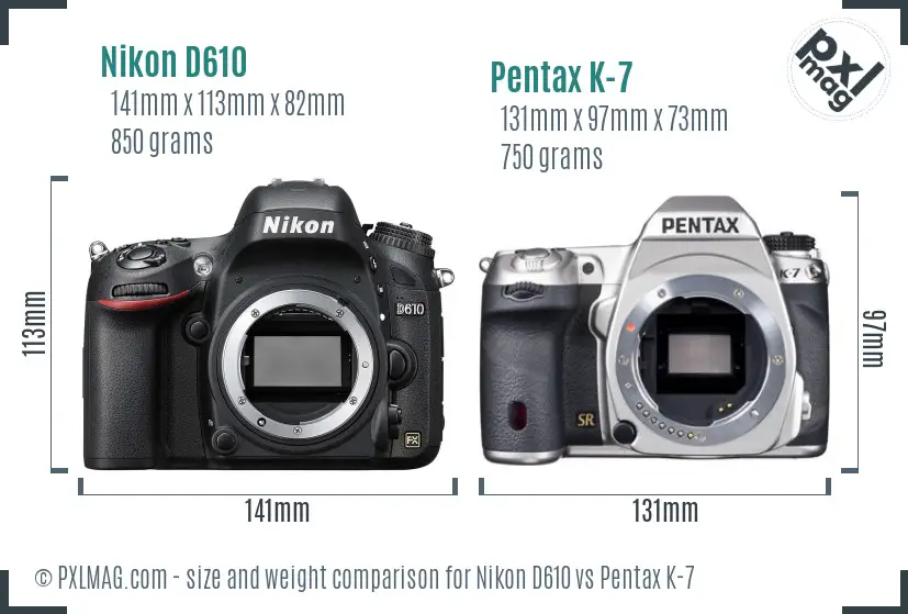Nikon D610 vs Pentax K-7 size comparison