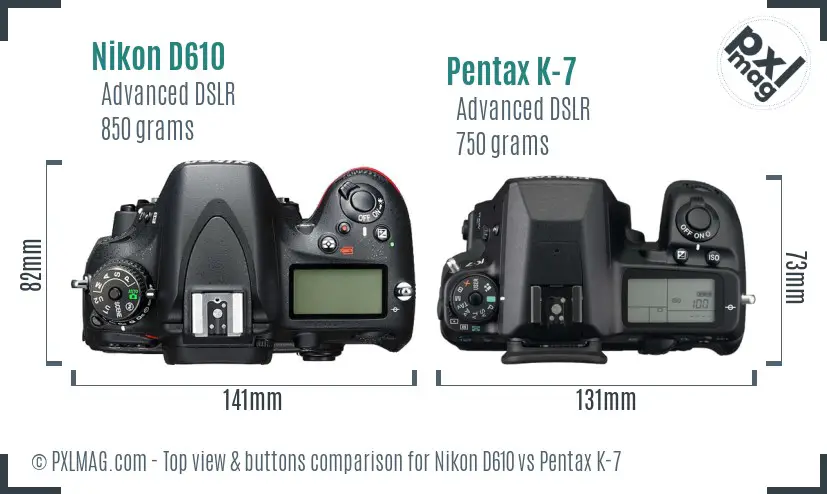 Nikon D610 vs Pentax K-7 top view buttons comparison