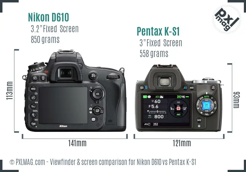 Nikon D610 vs Pentax K-S1 Screen and Viewfinder comparison