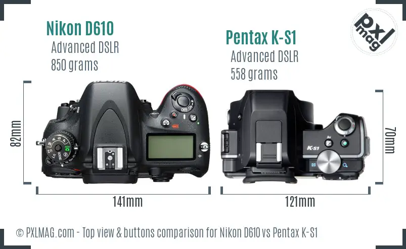 Nikon D610 vs Pentax K-S1 top view buttons comparison