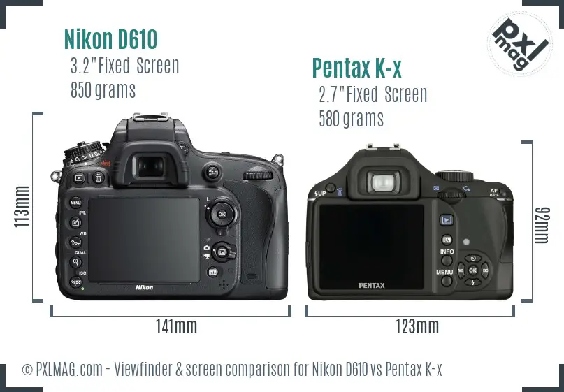 Nikon D610 vs Pentax K-x Screen and Viewfinder comparison