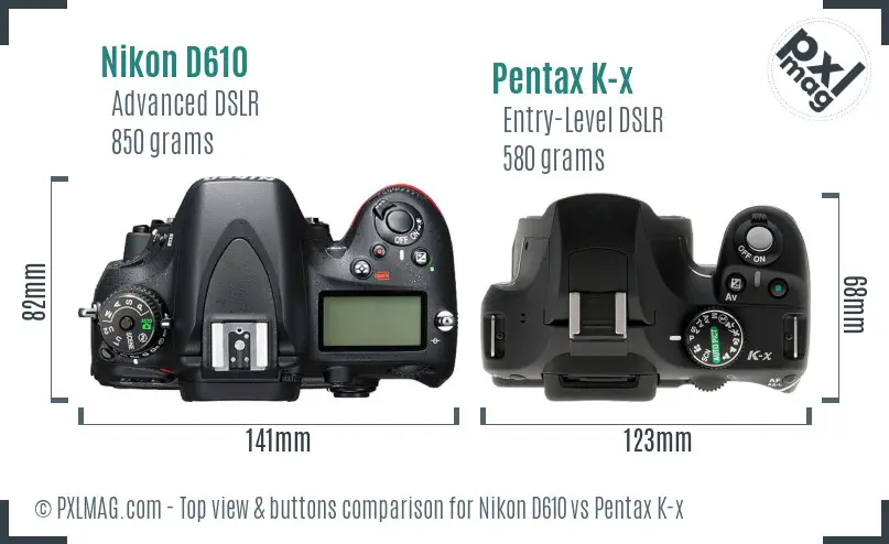 Nikon D610 vs Pentax K-x top view buttons comparison